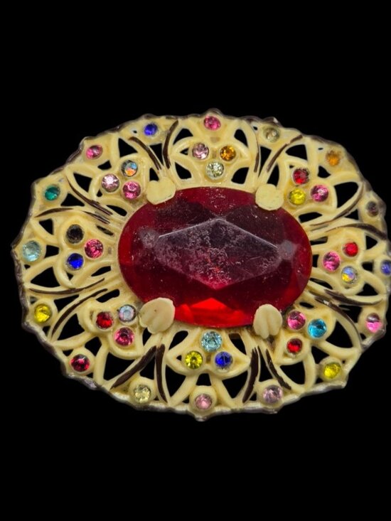 Jewelry - Vtg 1930s Art Deco Celluloid Filigree Brooch Central Red Stone Colorful Accents